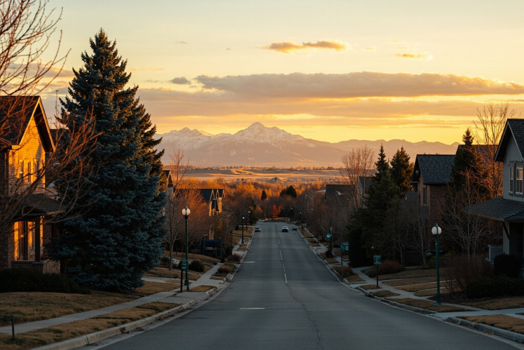 Centennial Colorado neighborhood at golden hour with Rocky Mountains and blue spruce trees