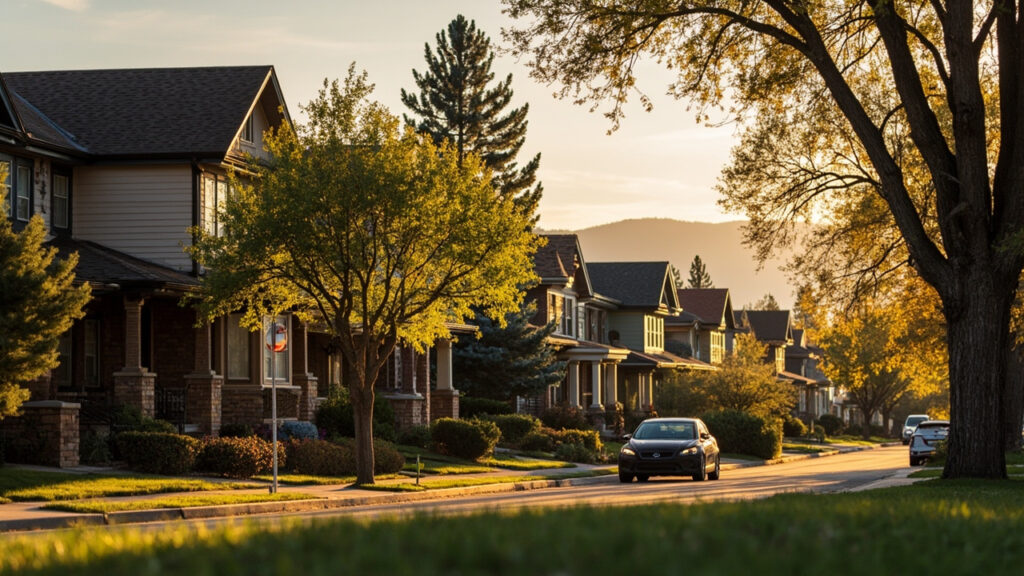 Observatory Park Denver neighborhood at golden hour — historic bungalows, blue spruce, Colorado Rockies in background