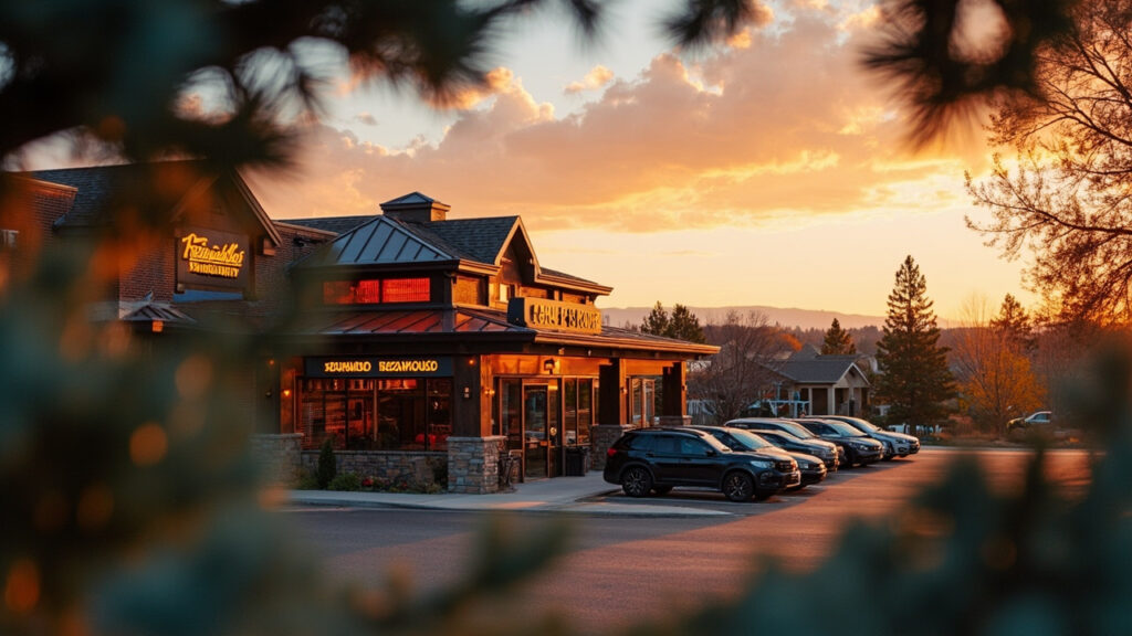 Texas Roadhouse Denver Colorado exterior at golden hour with Colorado Rockies in background