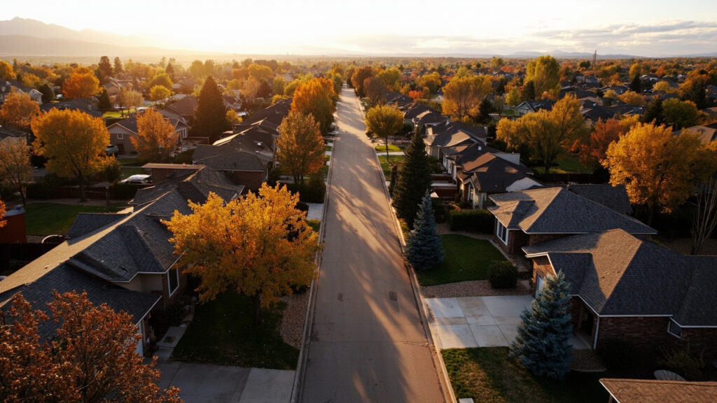 Belcaro neighborhood homes in South Denver with Rocky Mountains backdrop at golden hour