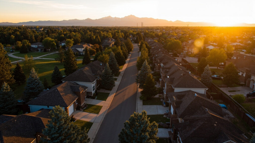 Hampden South Denver neighborhood with Colorado Rocky Mountains and blue spruce trees at golden hour