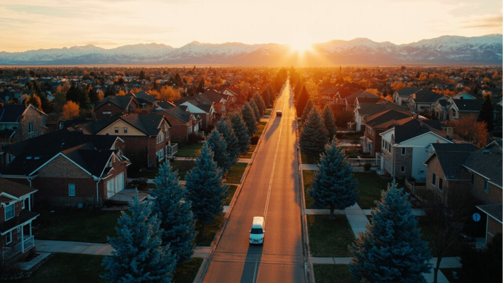 Centennial Colorado neighborhood at golden hour with Colorado Rocky Mountains in background