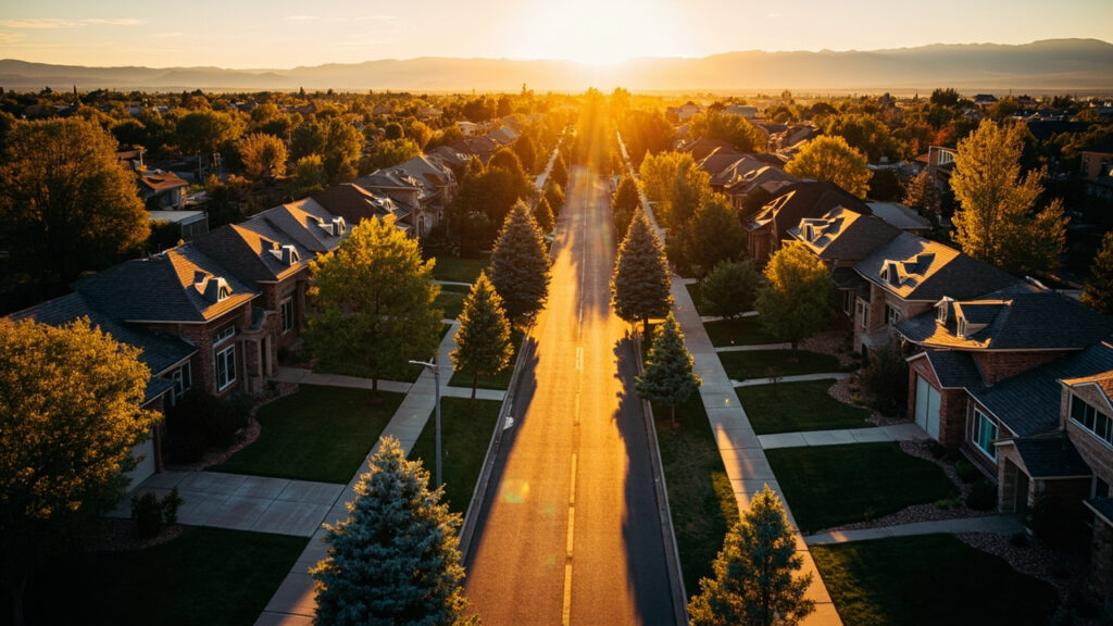 Cherry Creek vs Platt Park South Denver neighborhood comparison - brick homes and tree-lined streets at golden hour with Rocky Mountains in background
