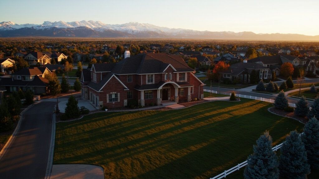 Cherry Hills Village neighborhood aerial view with Colorado Rocky Mountains and blue spruce trees at golden hour