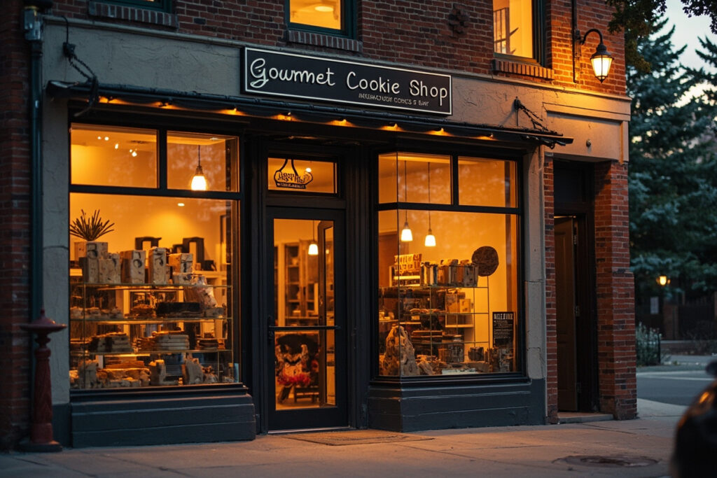 Gourmet cookie shop storefront in South Denver neighborhood at golden hour with Rocky Mountain backdrop