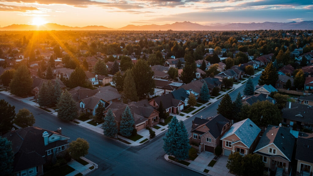 Englewood Colorado neighborhood with Rocky Mountain views at golden hour