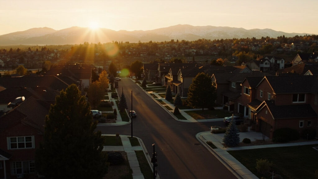 South Denver neighborhood with Colorado Rocky Mountains in background at golden hour
