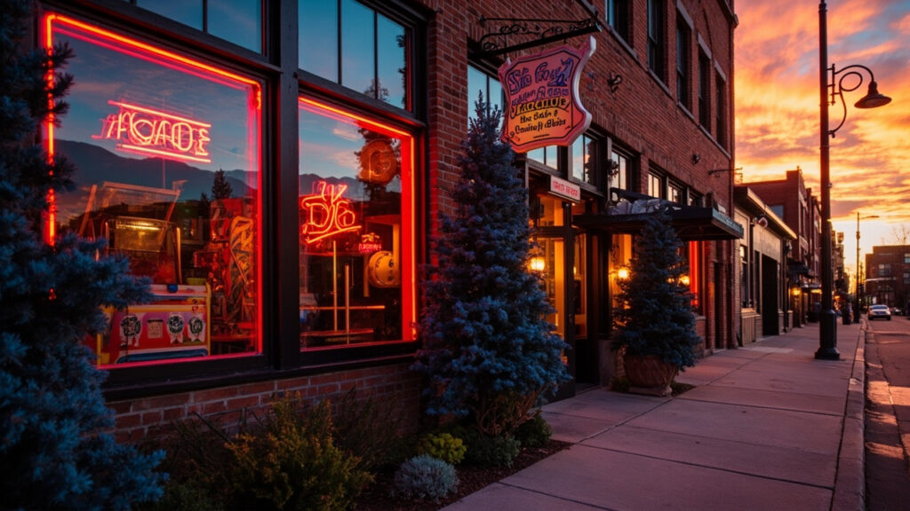Nickel City Denver retro arcade bar with vintage neon signs and Rocky Mountain backdrop at golden hour