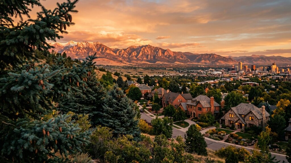 Populus Denver hotel at golden hour with Rocky Mountain views — South Denver Guide