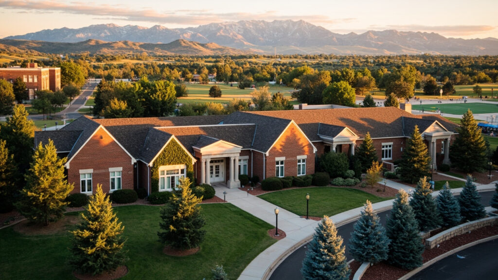 Private school campus near Cherry Hills Village Colorado with Rocky Mountains backdrop