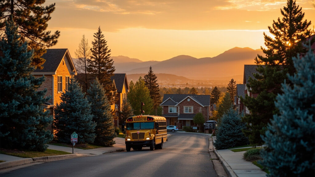 Hampden South neighborhood in South Denver, Colorado — tree-lined streets with brick homes and Rocky Mountain views