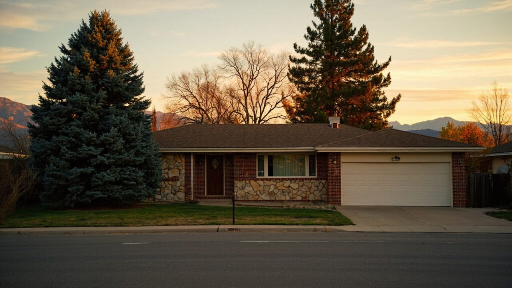 Brick ranch-style home in Hampden South Denver neighborhood at golden hour with Colorado Rockies in background