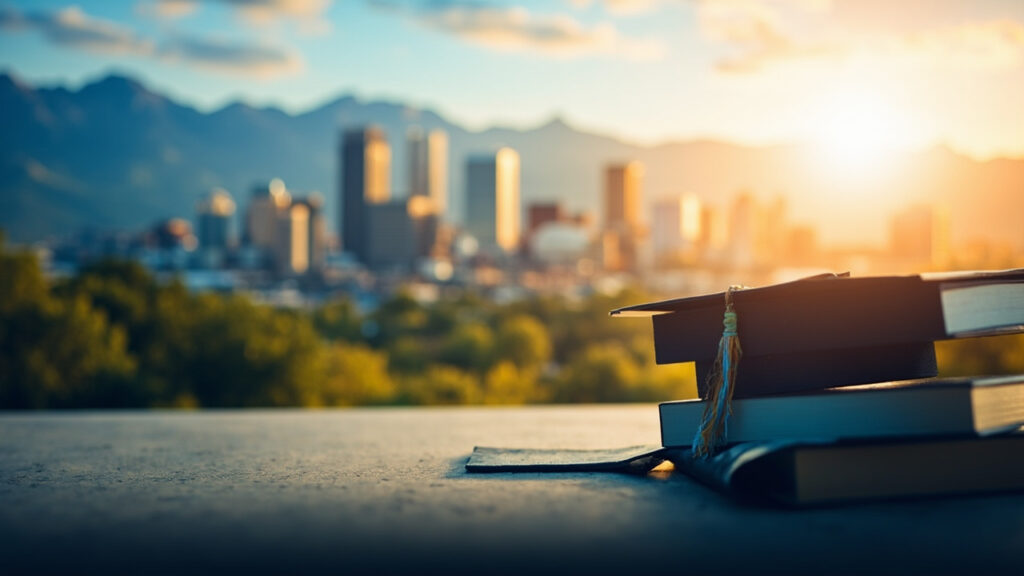 Denver skyline with Rocky Mountains - Colorado ranked #1 in education