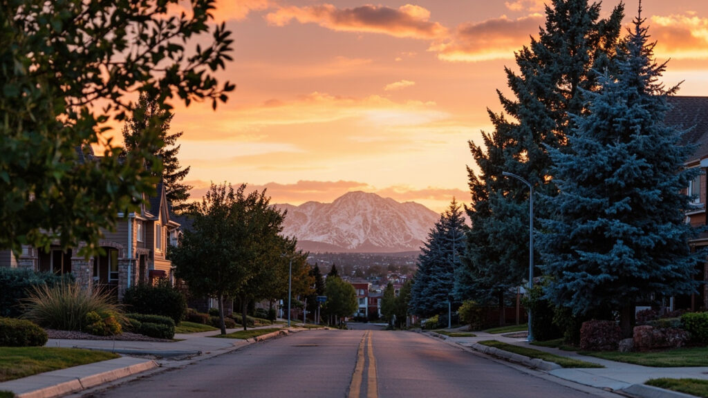 South Denver neighborhood with brick homes, blue spruce trees, and Colorado Rockies at golden hour