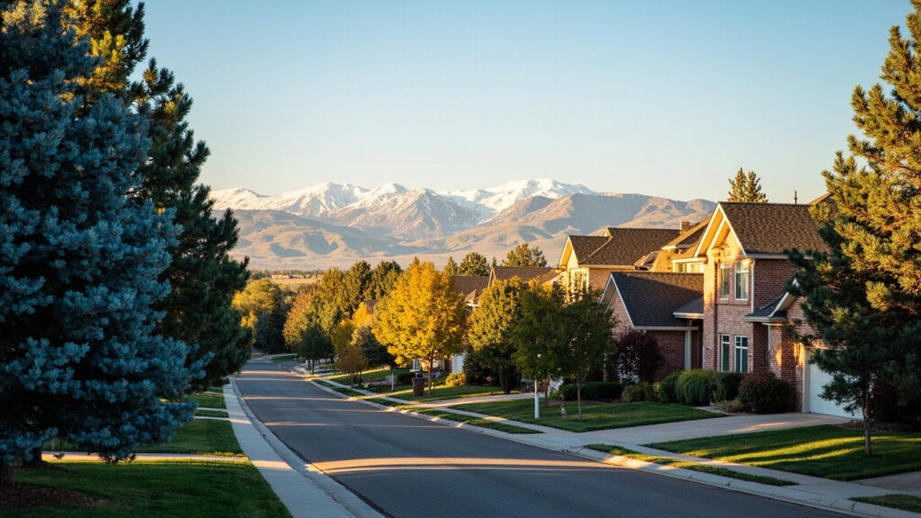 Golden hour view of Hampden South Denver neighborhood with Rocky Mountains and blue spruce trees