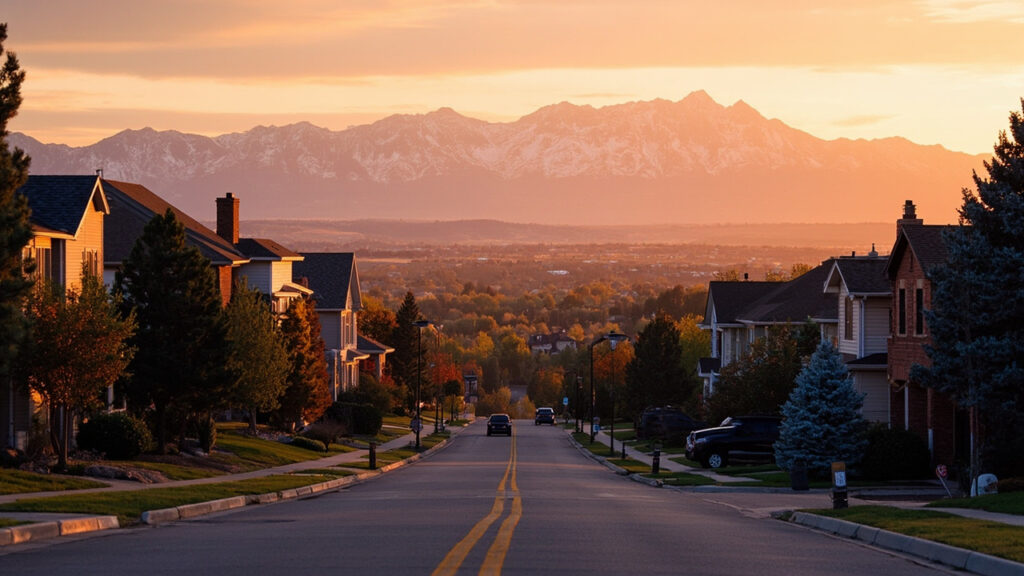 South Denver Colorado homes with Rocky Mountains at golden hour, representing the Englewood area