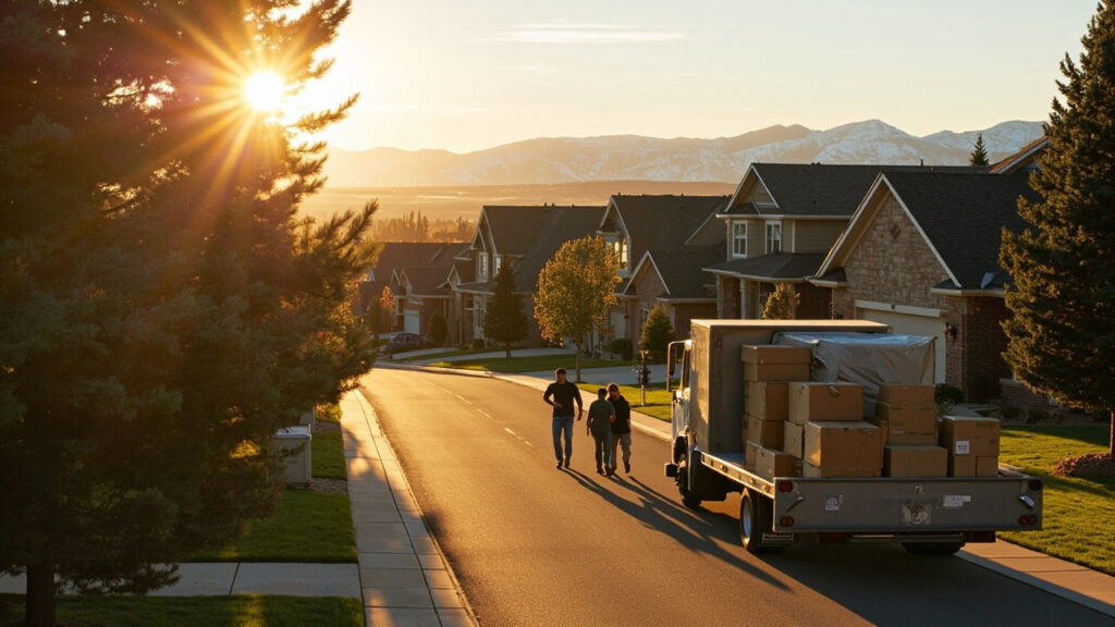 Family moving to South Denver Colorado with Rocky Mountains and brick homes at golden hour