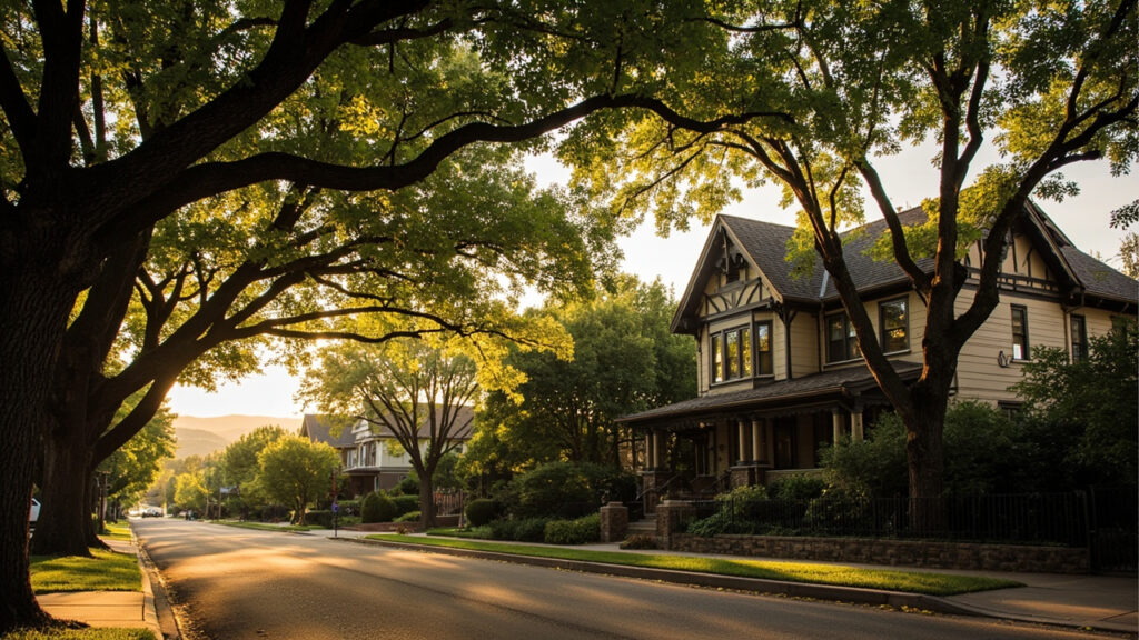 Tree-lined asphalt street in Observatory Park with mature American elms and a 1920s Tudor revival home in central Denver, Colorado