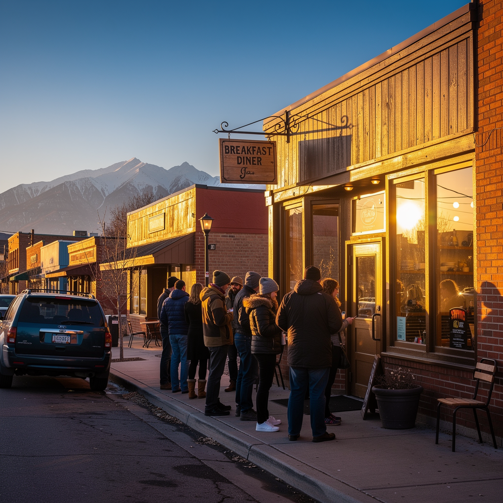 Long line of customers waiting outside OneFold, a tiny breakfast diner in South Denver, with snow-capped Rocky Mountains in the background