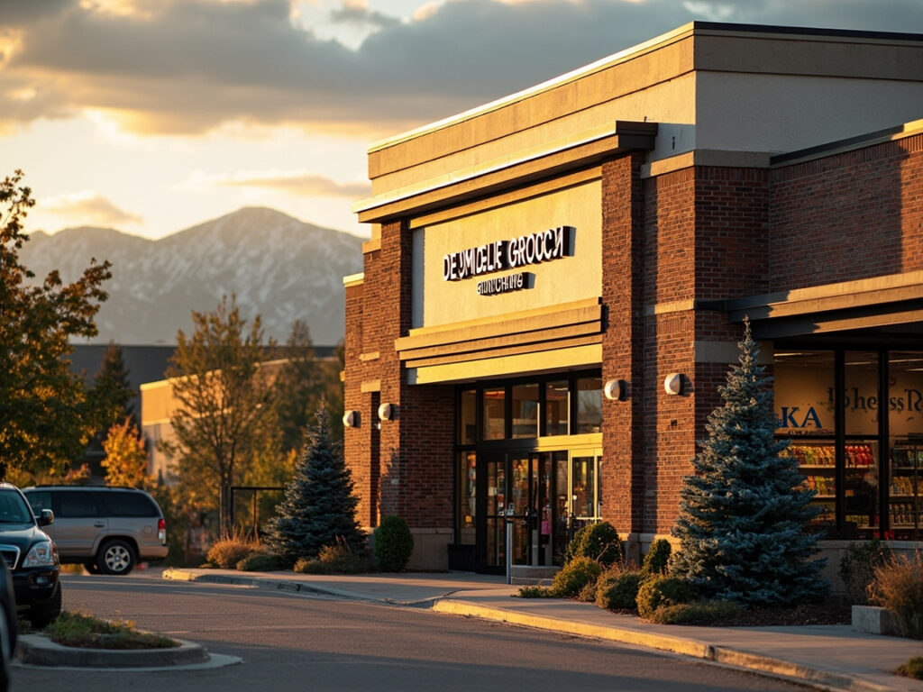 Safeway grocery store in South Denver with parking lot and storefront signage