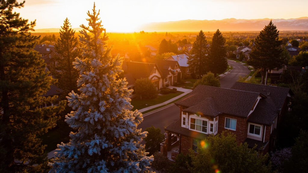 South Denver neighborhood at golden hour with Colorado Rocky Mountains in background and blue spruce trees