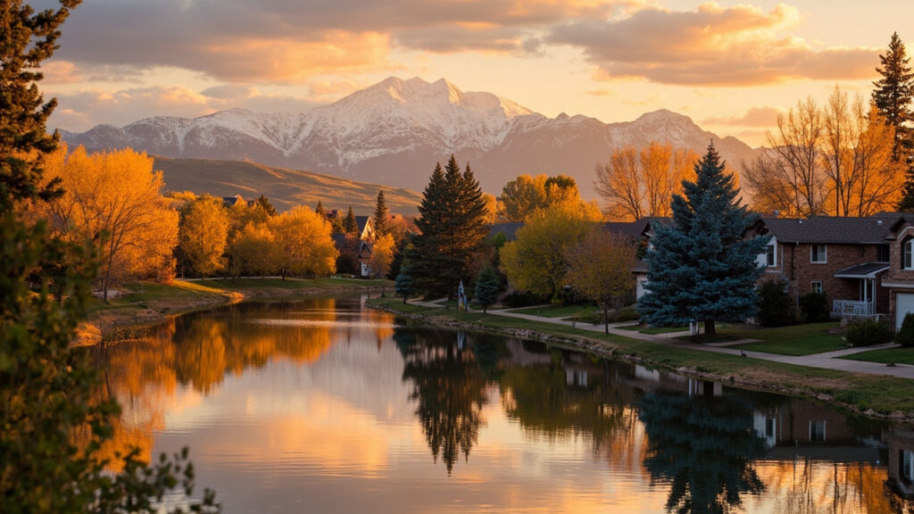 Washington Park Denver neighborhood at golden hour with Rocky Mountains backdrop