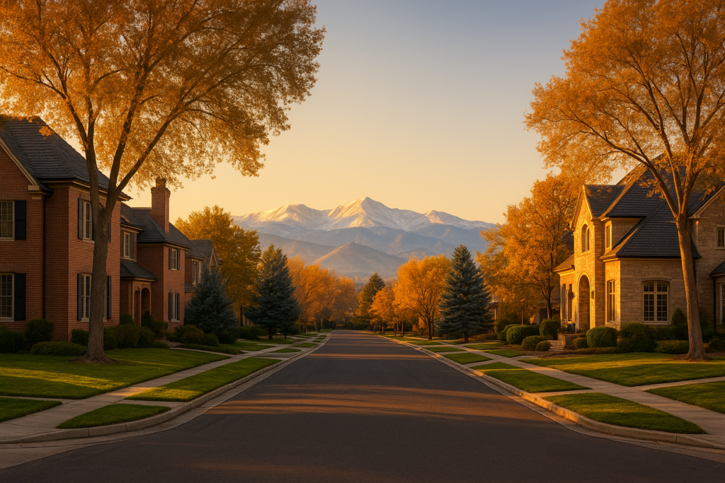 Golden hour view of Belcaro Denver neighborhood homes with Colorado Rockies in background