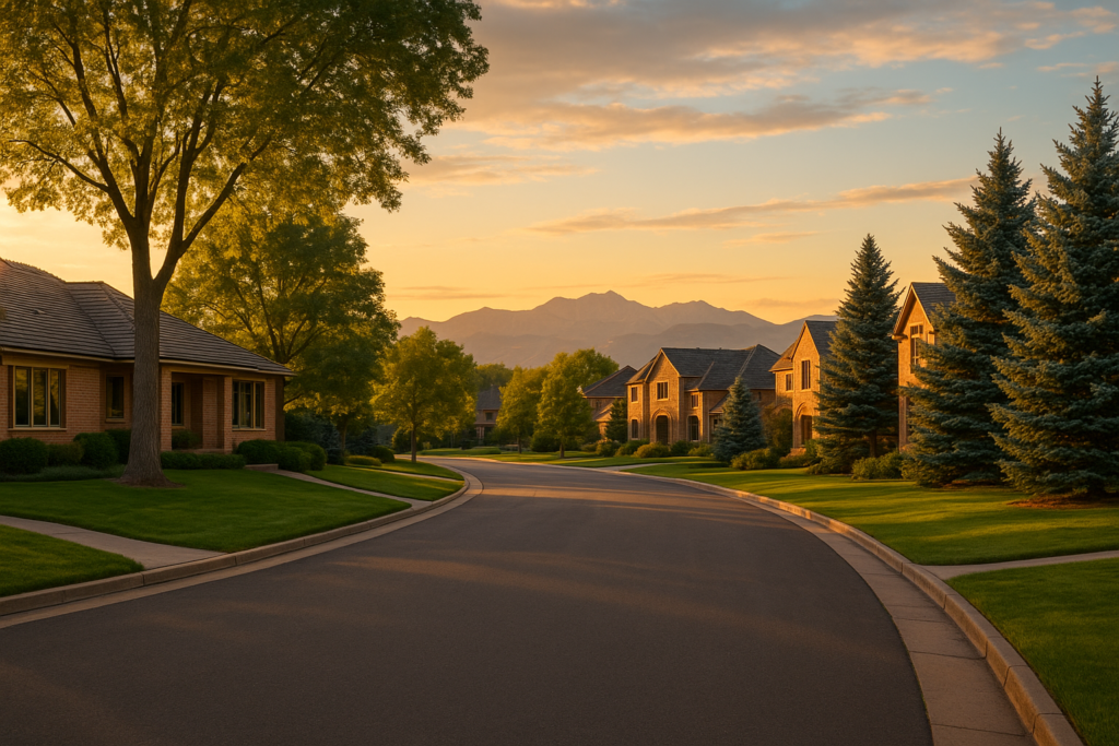 Golden hour view of Belcaro neighborhood homes in South Denver with the Colorado Rockies in the background