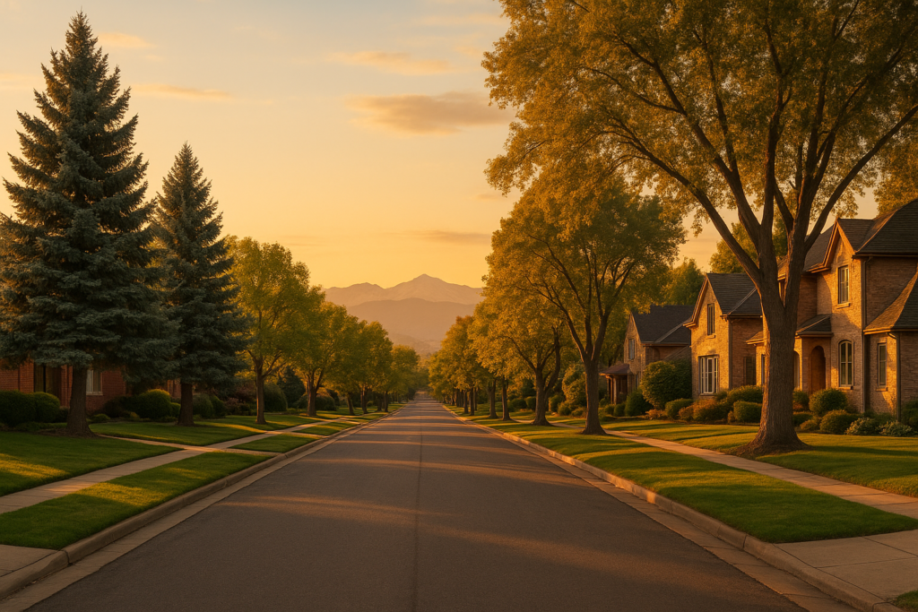 Golden hour view of a South Denver residential street with brick homes and the Colorado Rockies in the distance, representing Belcaro and Observatory Park neighborhoods