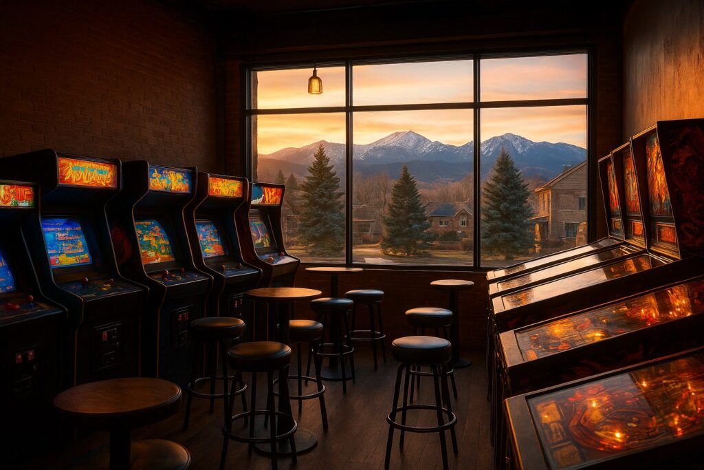South Denver arcade bar interior at golden hour with view of the Colorado Rockies, blue spruce trees, and brick homes