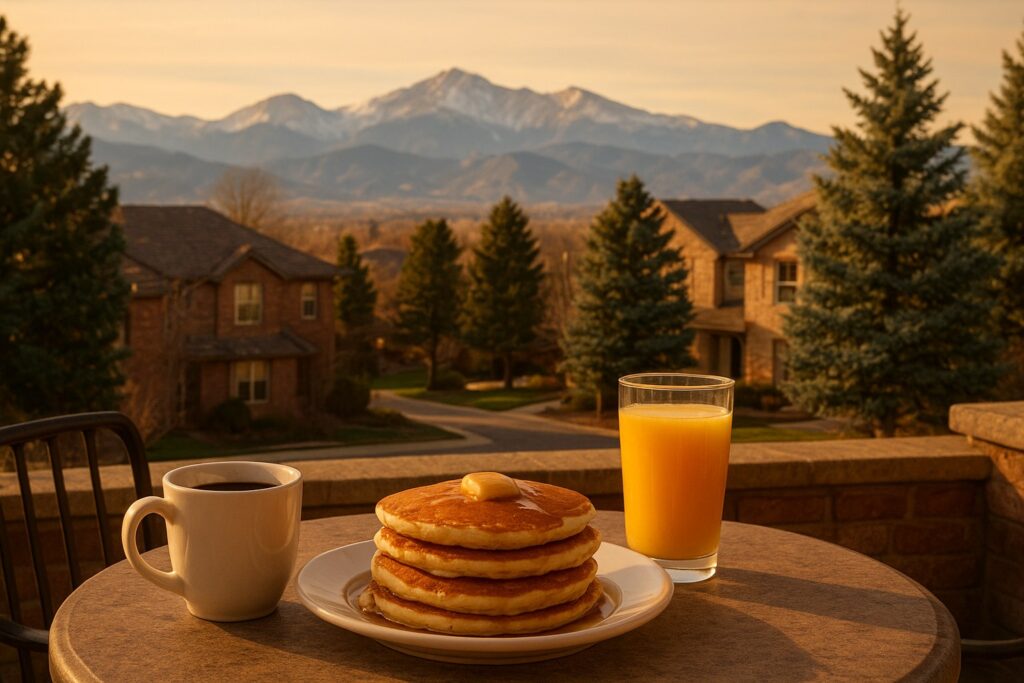 South Denver brunch patio scene with Colorado Rockies and blue spruce in the background at golden hour