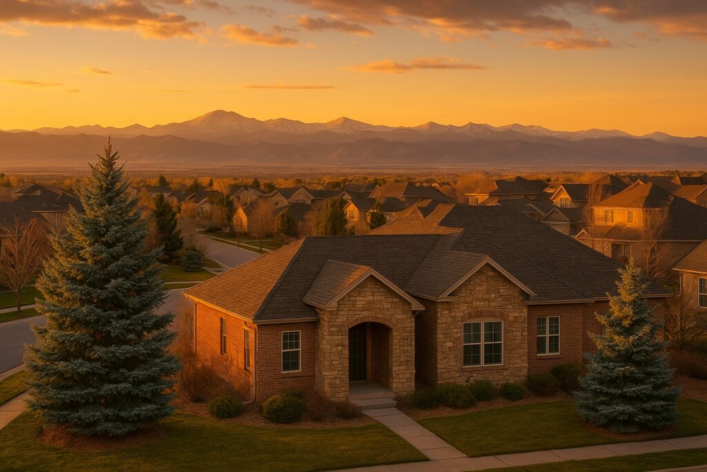 South Denver neighborhood comparison guide hero image showing homes with Colorado Rockies backdrop at golden hour