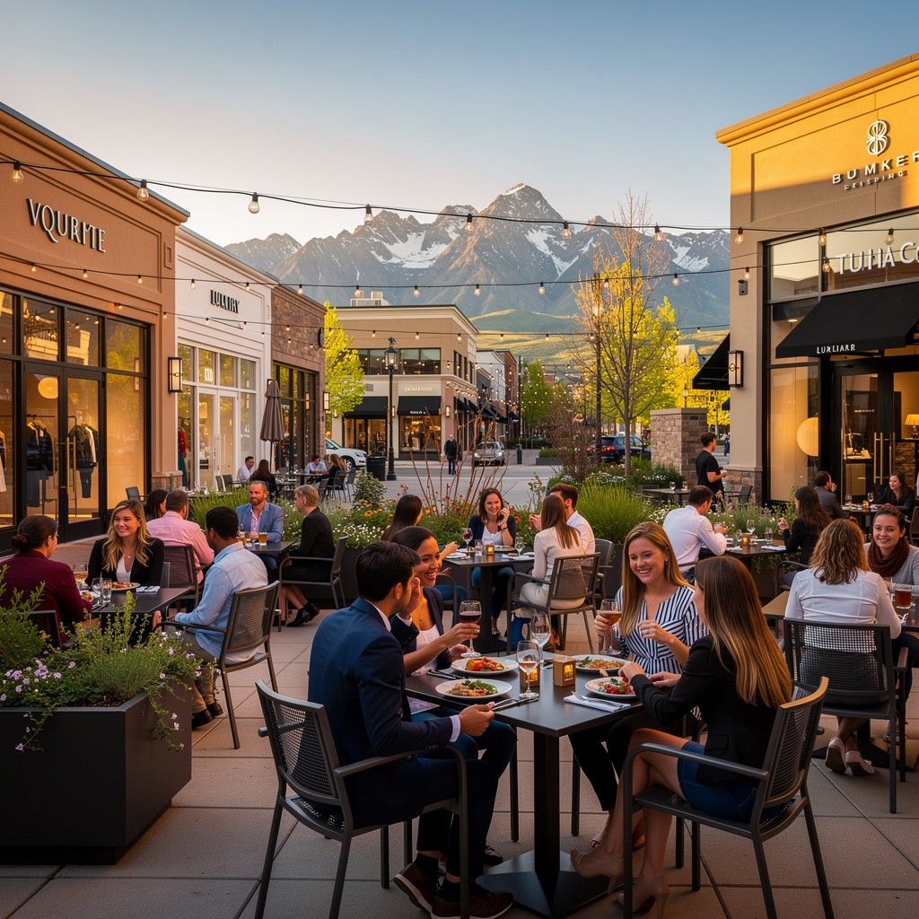 Outdoor dining patio in Cherry Creek Denver with Rocky Mountains in the distance