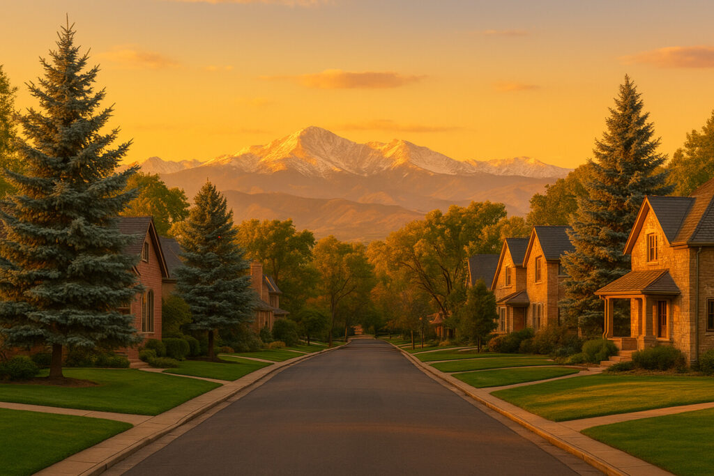 Bonnie Brae Denver neighborhood street at golden hour with Colorado Rockies in the background, South Denver real estate