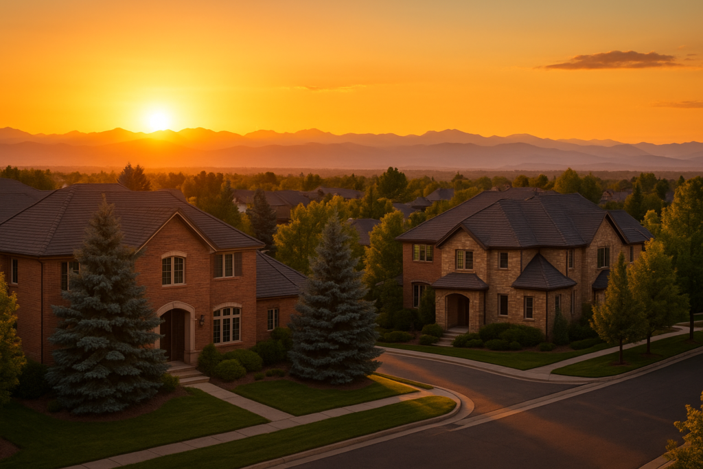 South Denver neighborhood at golden hour with Colorado Rockies in the background, blue spruce trees, and brick homes near Cherry Creek