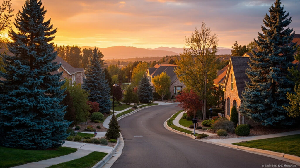 Greenwood Village Colorado neighborhood at golden hour with view of the Rocky Mountains