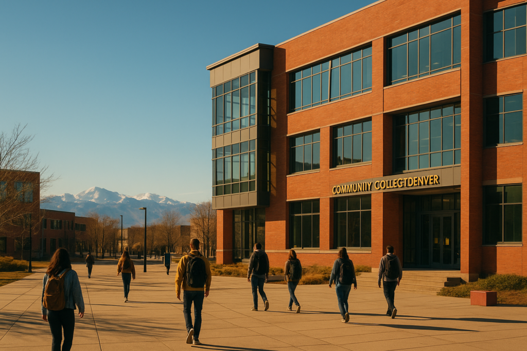 Community College of Denver campus plaza looking west toward the snow-capped Rocky Mountains on the horizon, students walking between modern campus buildings in warm afternoon light