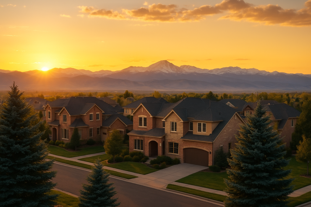 Golden hour view of Centennial Colorado with the Rockies in the background, blue spruce trees, and brick homes representing the South Denver real estate market