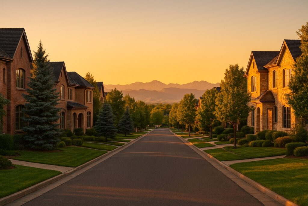 Cherry Creek Denver Colorado luxury homes at golden hour with Rocky Mountains in the background