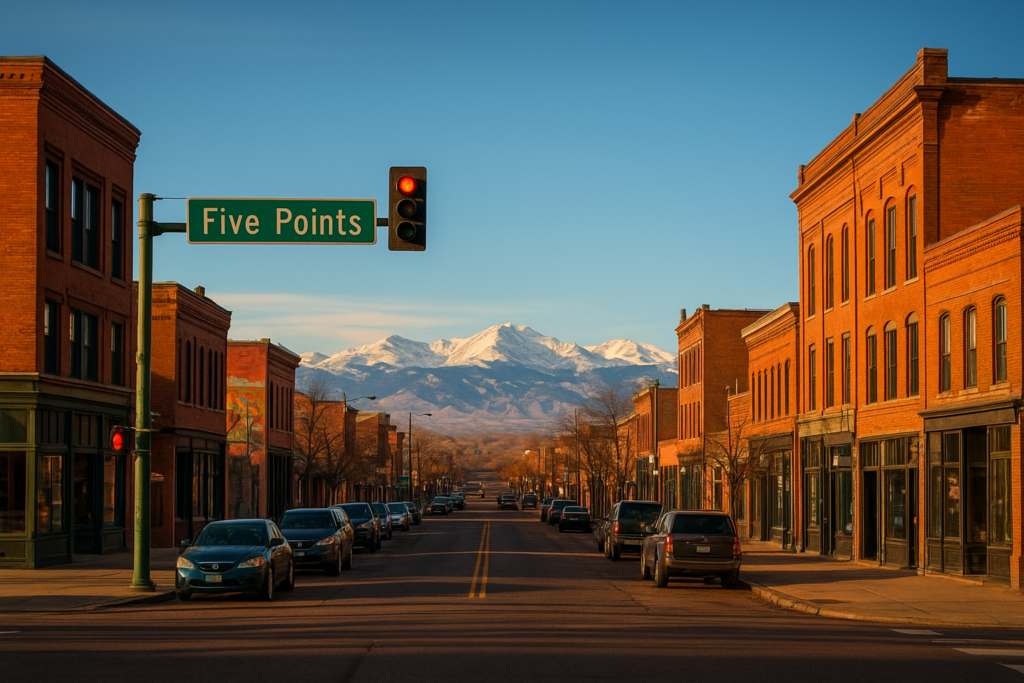 Five Points Denver historic neighborhood street view with Rocky Mountains in the background