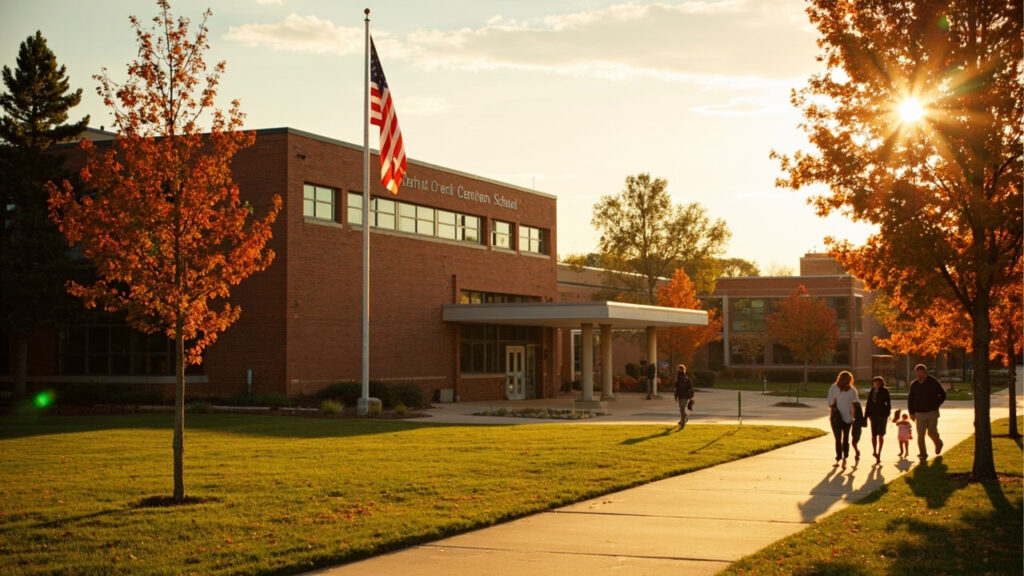 Modern red-brick Cherry Creek elementary school in Denver at golden hour with autumn trees