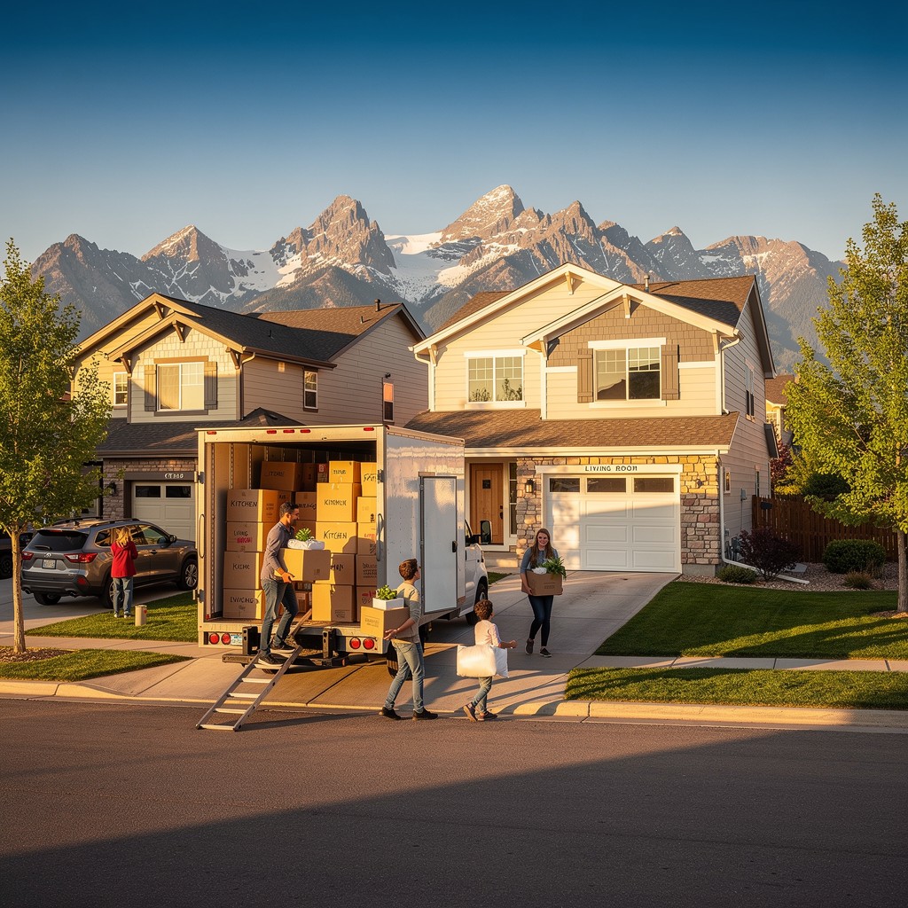 Family moving into a new home in Centennial Colorado with Rocky Mountains in the background