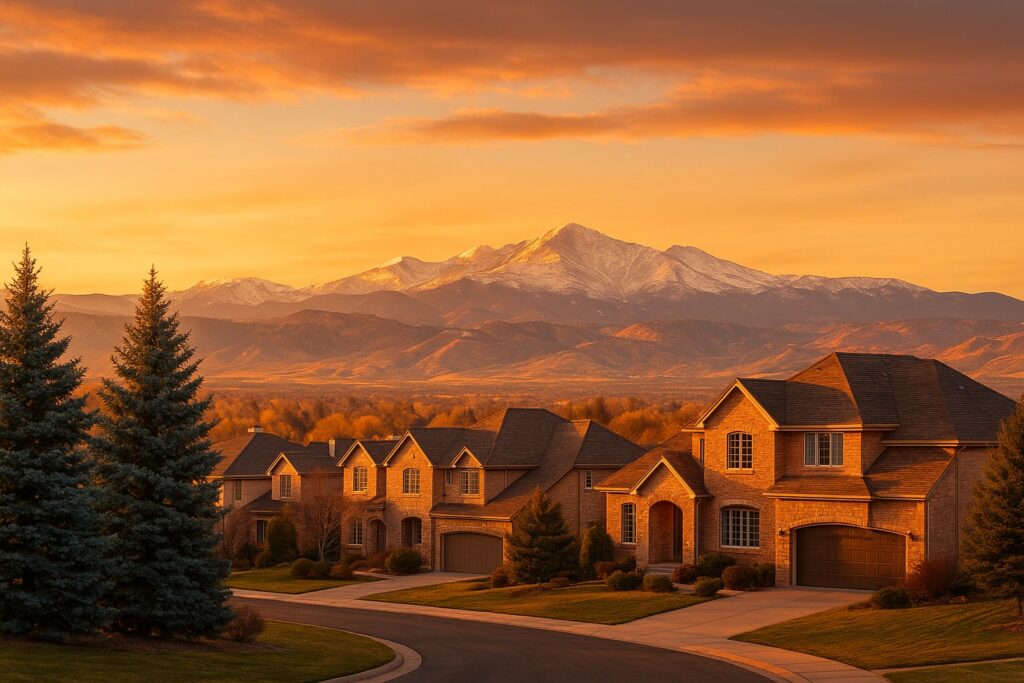 Golden hour view of the Colorado Rockies from a South Denver suburb, with blue spruce trees and brick homes in the foreground