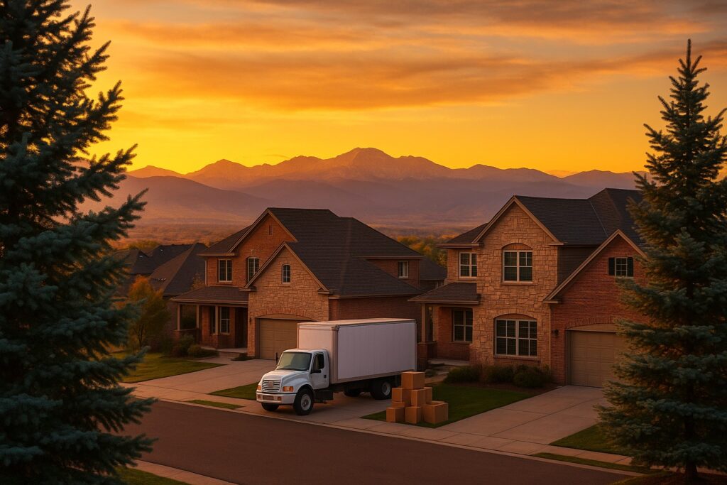 Golden hour view of the Colorado Rockies from South Denver with brick homes and blue spruce trees, symbolizing a family relocating from Oklahoma City