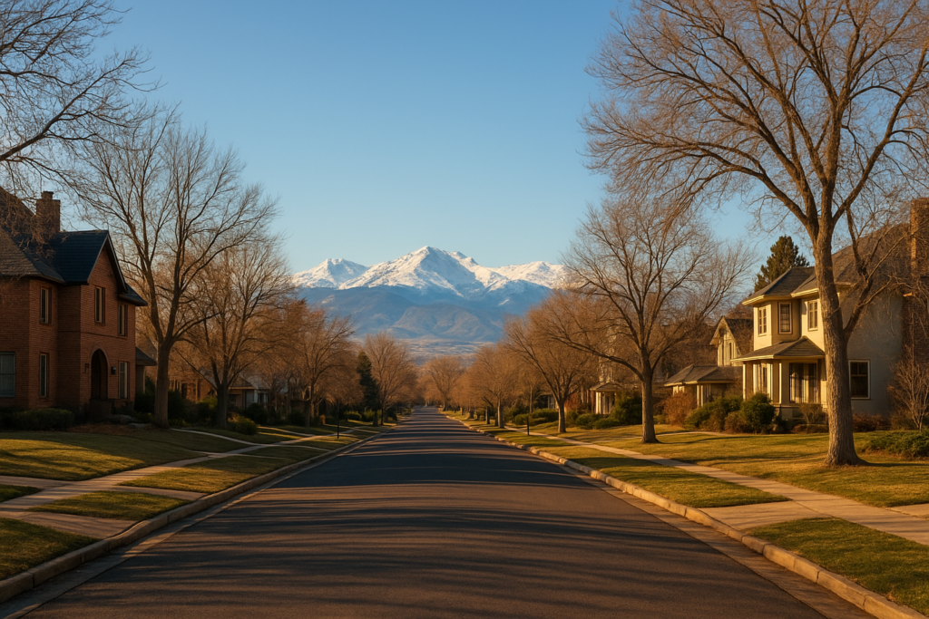 Observatory Park South Denver neighborhood street view with Rocky Mountains in the background