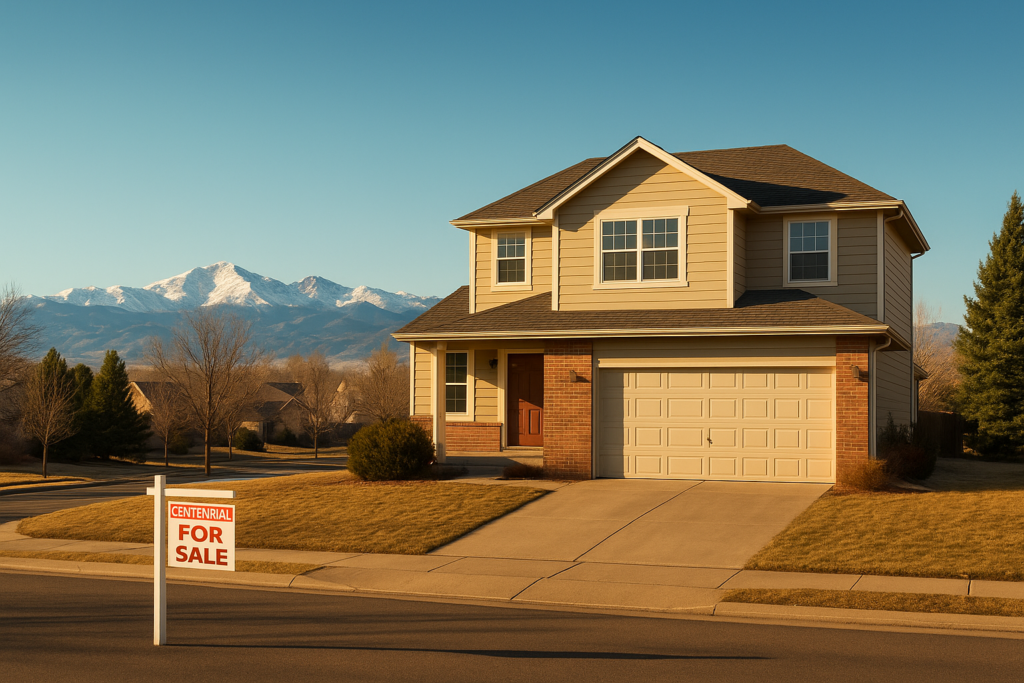Suburban Centennial Colorado home with a for-sale sign, Rocky Mountains in the background - short sale real estate guide