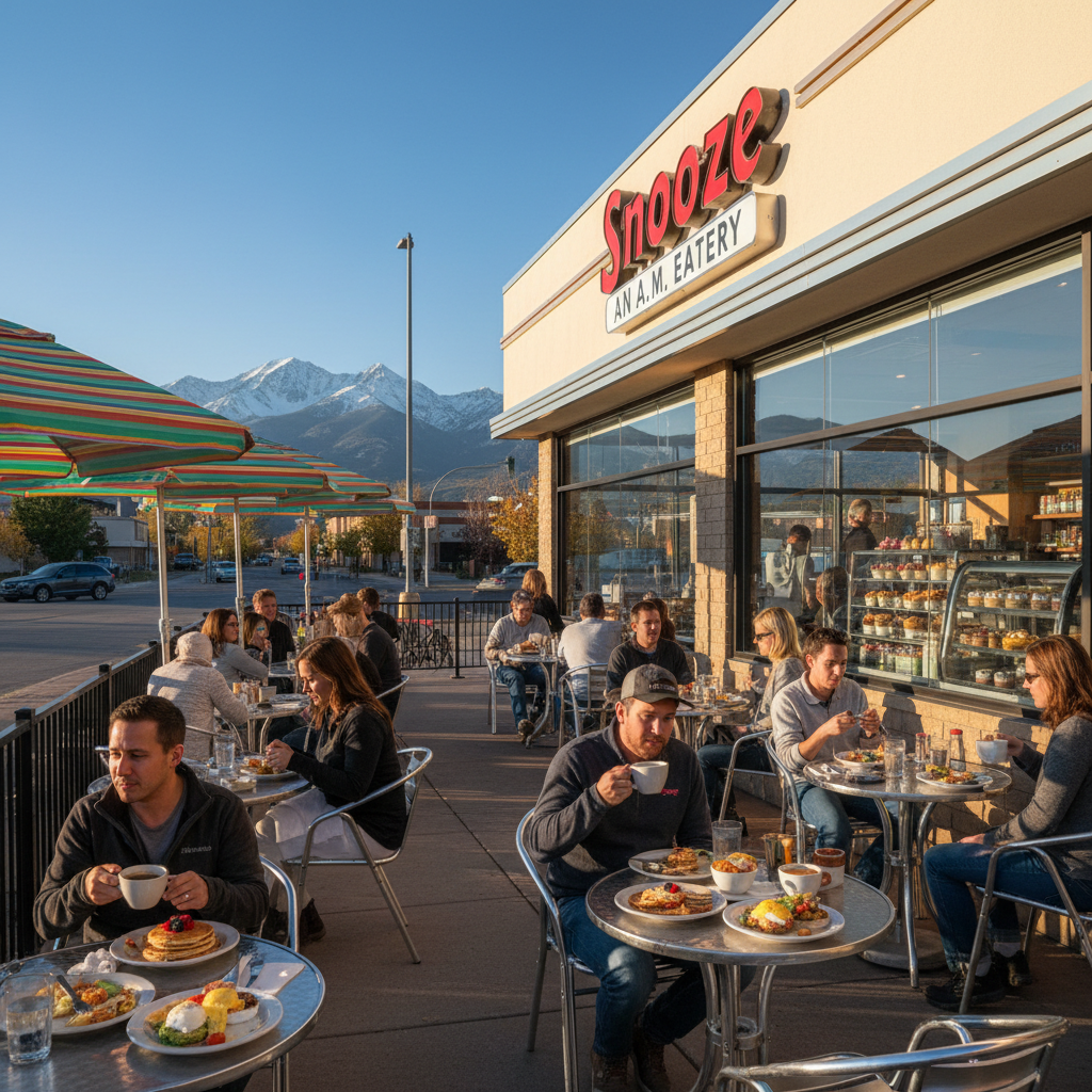 Snooze an A.M. Eatery breakfast spread with pancake flights in Centennial South Denver