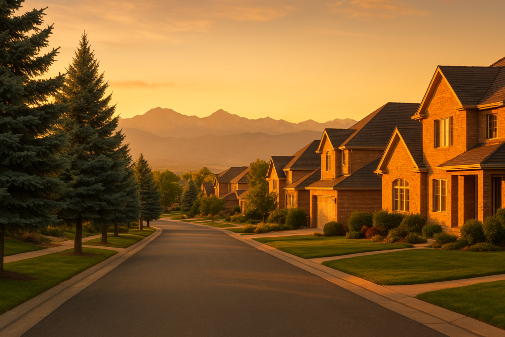 South Denver residential street at golden hour with Colorado Rockies in the background, comparing University Hills and Cherry Creek neighborhoods