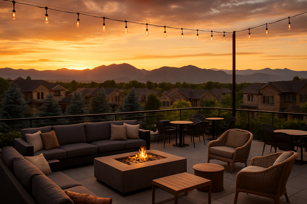 Rooftop bar patio at golden hour with Colorado Rockies view, South Denver