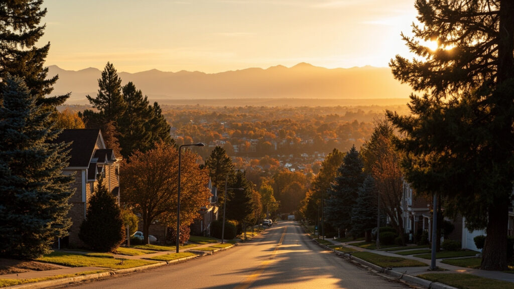 Golden hour view of a South Denver tree-lined street with brick homes and blue spruce trees, Rocky Mountains in the distance
